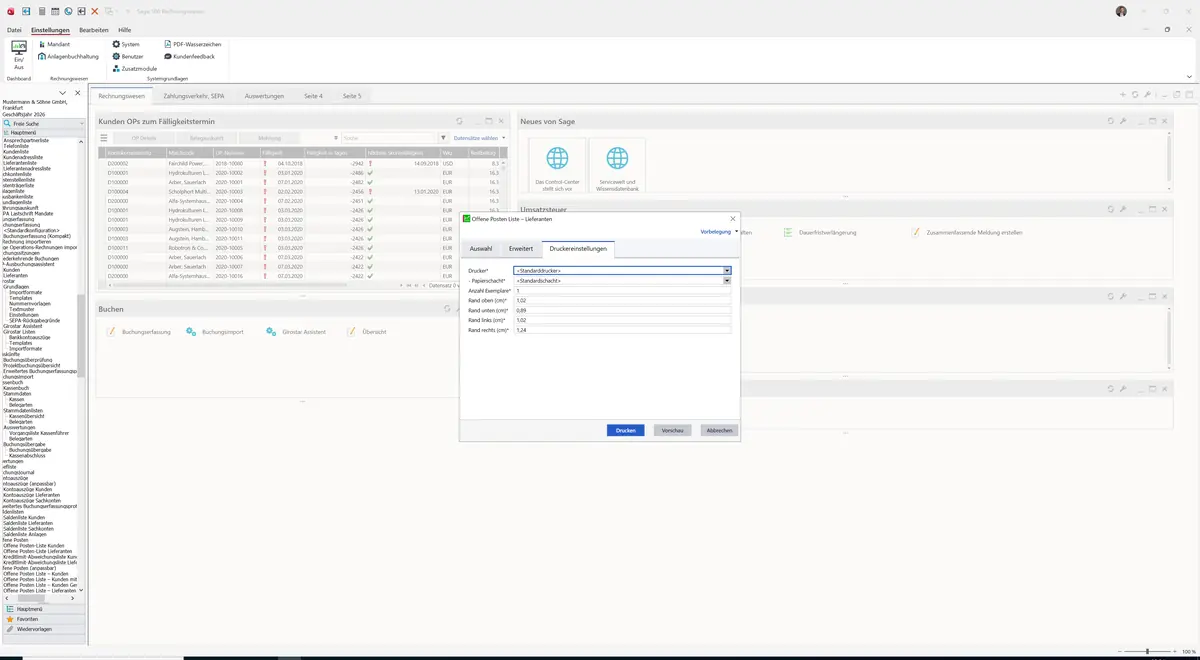 Sage 100 9.0.5.11 Offene Posten Liste - Lieferanten: Register Druckereinstellungen