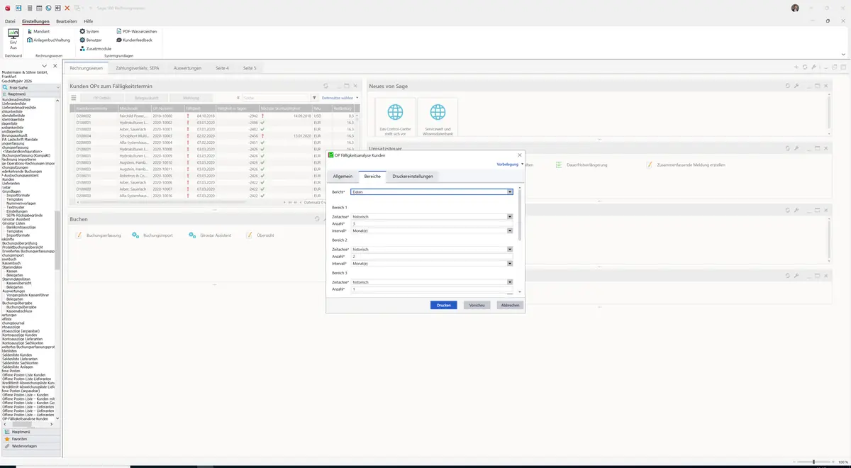 Sage 100 9.0.5.11 OP-Fälligkeitsanalyse Kunden: Register Bereiche