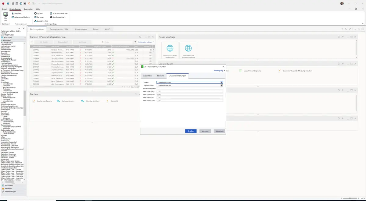 Sage 100 9.0.5.11 OP-Fälligkeitsanalyse Kunden: Register Druckereinstellungen