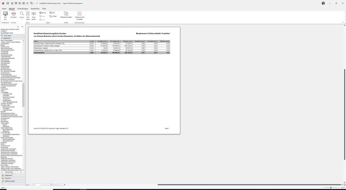 Sage 100 9.0.5.11 Kreditlimit-Abweichungsliste Kunden: Bericht Vorschau