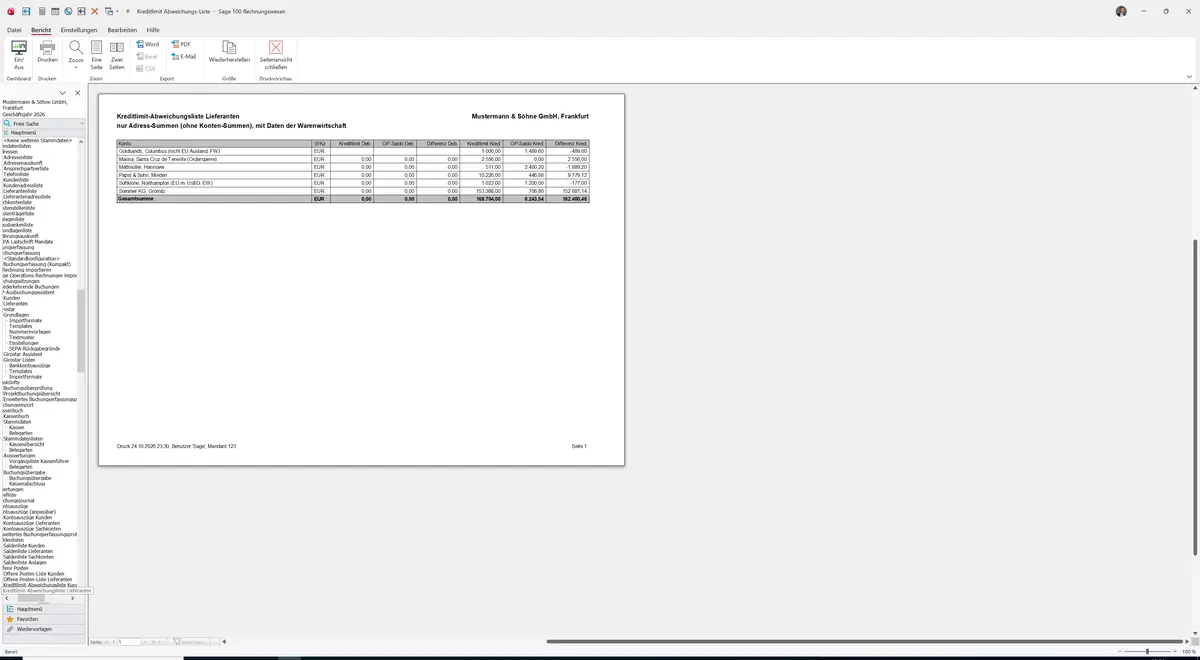 Sage 100 9.0.5.11 Kreditlimit-Abweichungsliste Lieferanten: Bericht Vorschau