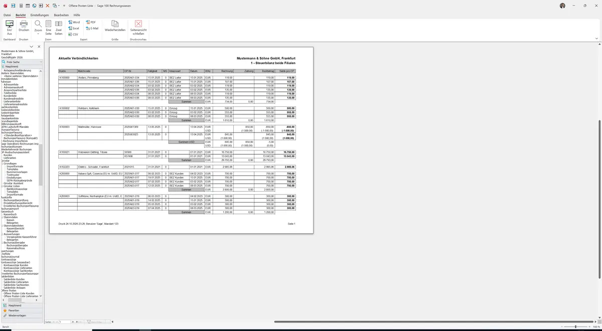 Sage 100 9.0.5.11 Offene Posten-Liste Lieferanten: Bericht Vorschau
