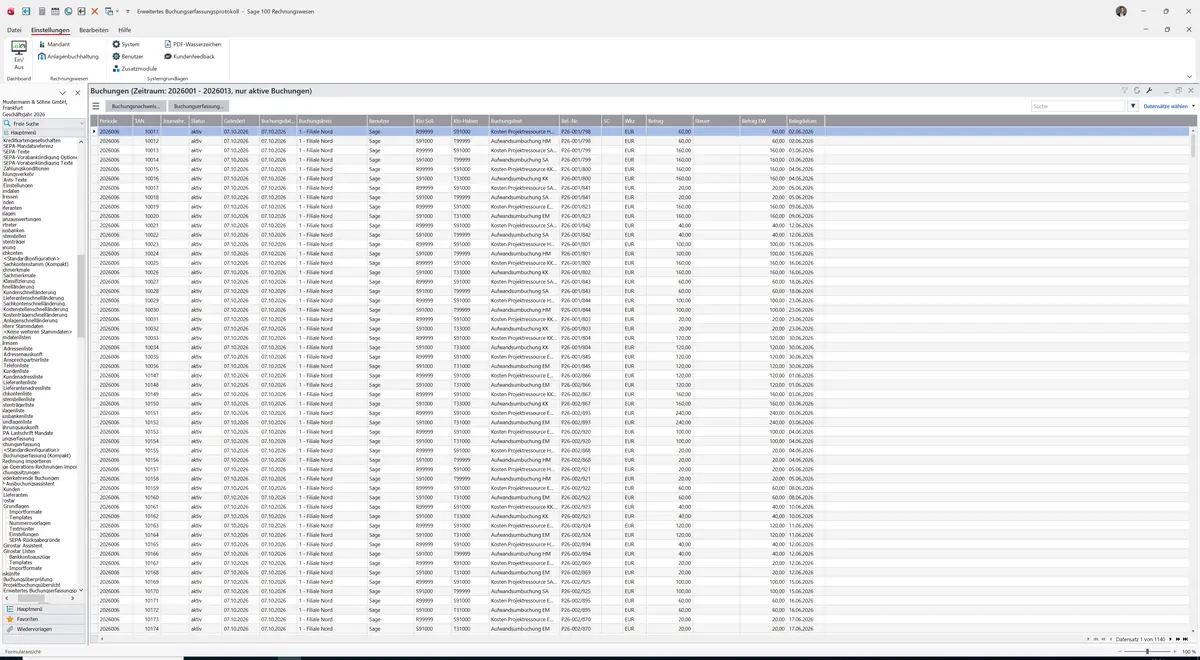 Sage 100 9.0.5.11 Erweitertes Buchungserfassungsprotokoll (Bildschirmauskunft): Datensatz geladen