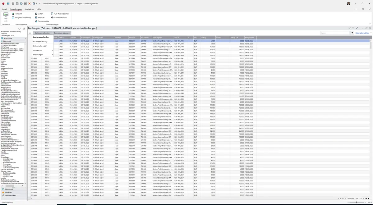 Sage 100 9.0.5.11 Erweitertes Buchungserfassungsprotokoll (Bildschirmauskunft): Datenklassenmenü