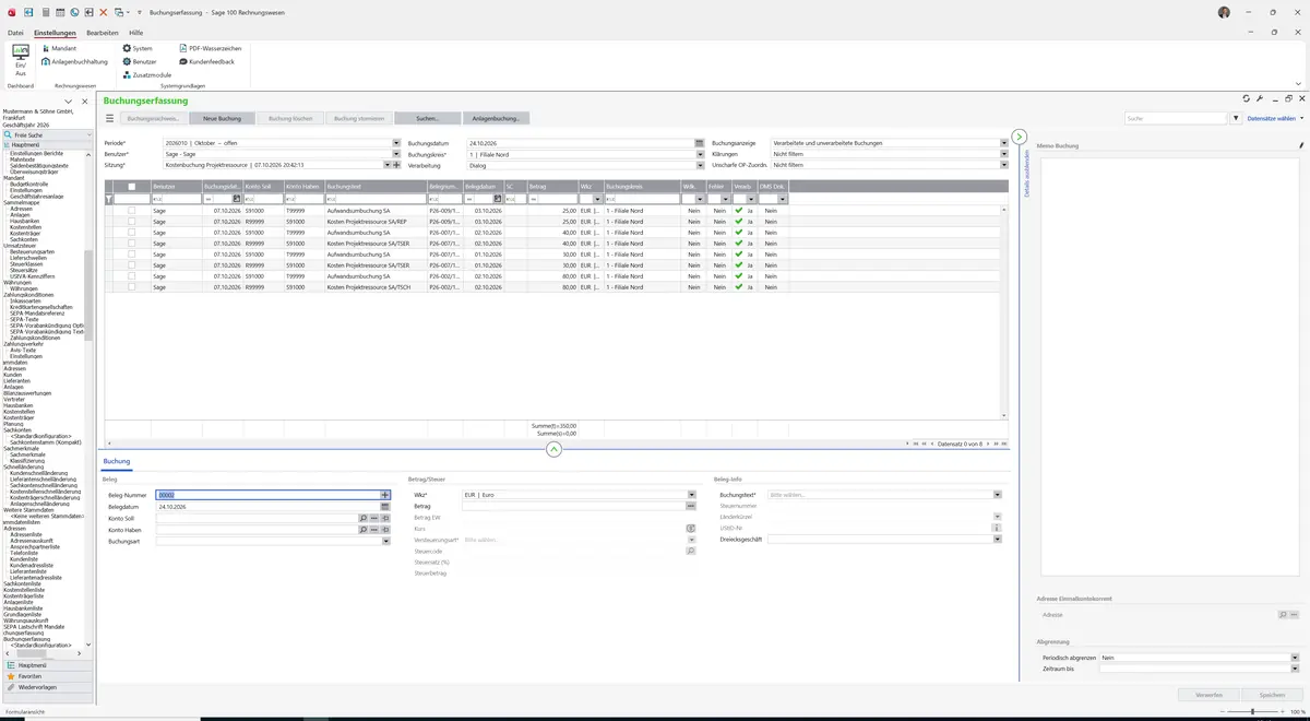 Sage 100 9.0.5.11 Buchungserfassung: Register Buchung