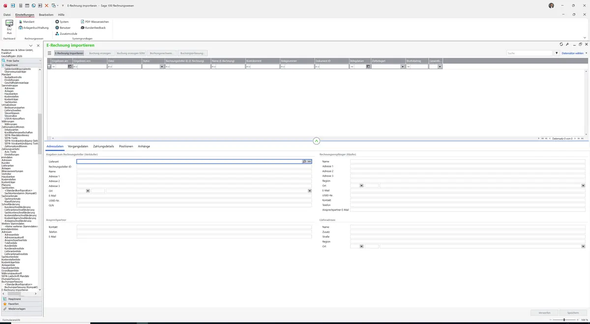 Sage 100 9.0.5.11 E-Rechnung importieren: Register Adressdaten