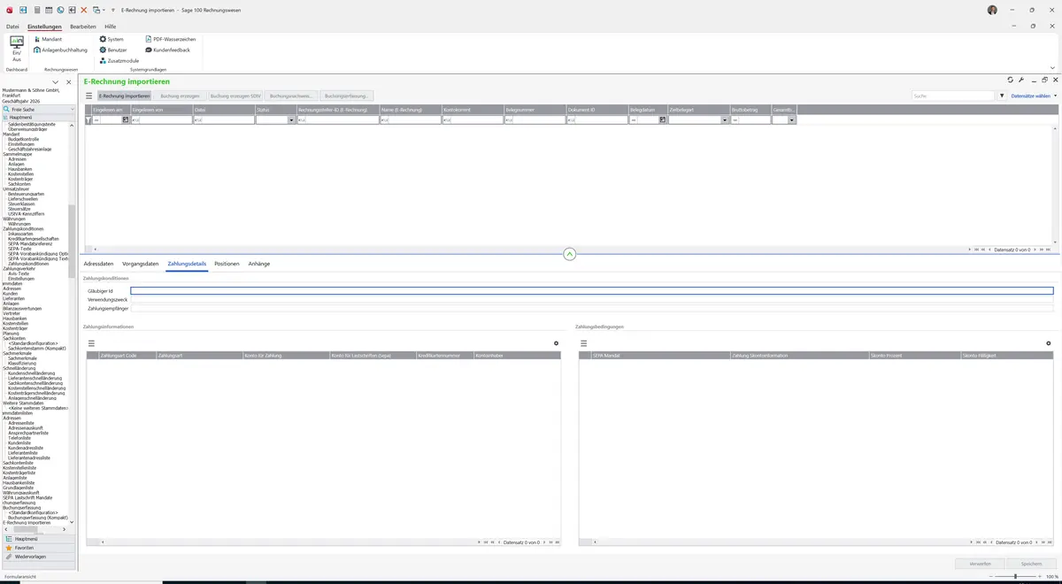 Sage 100 9.0.5.11 E-Rechnung importieren: Register Zahlungsdetails
