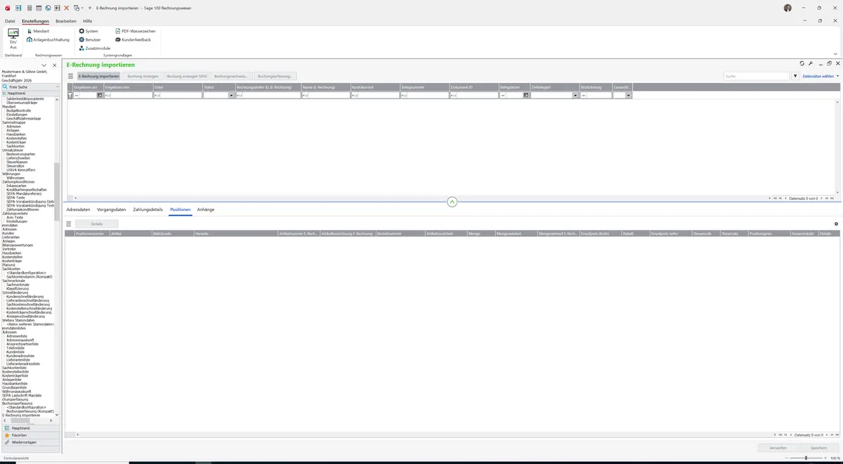 Sage 100 9.0.5.11 E-Rechnung importieren: Register Positionen
