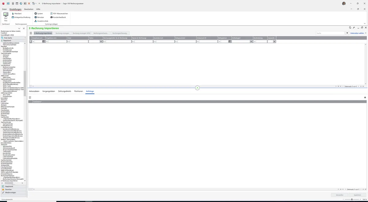 Sage 100 9.0.5.11 E-Rechnung importieren: Register Anhänge