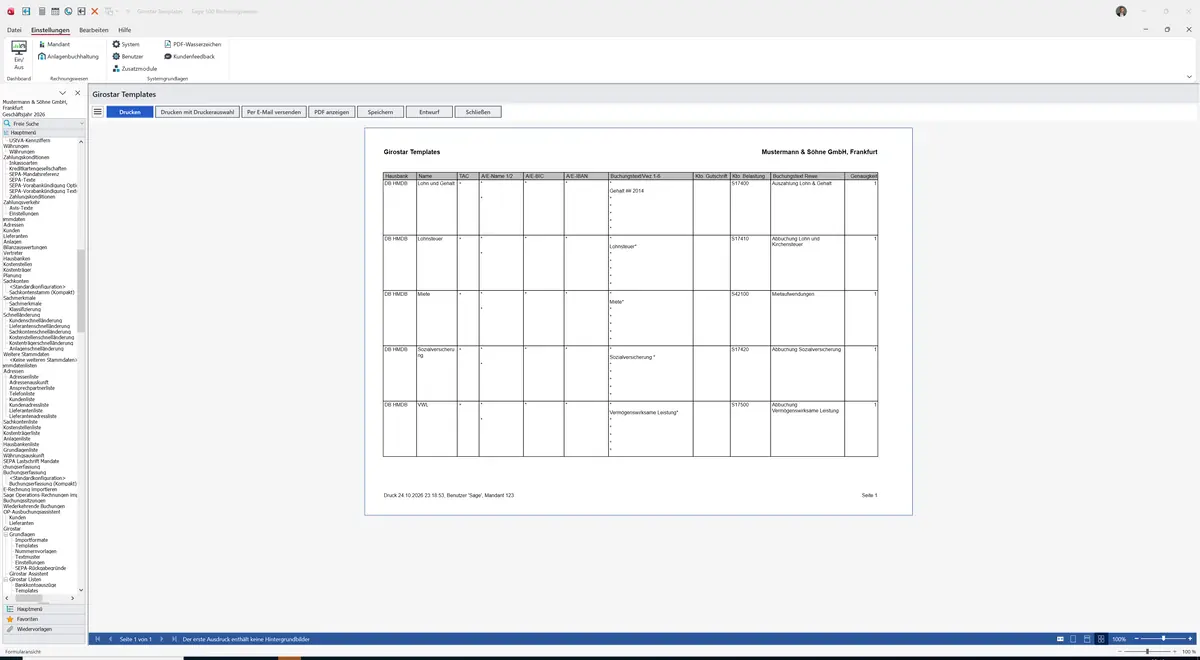 Sage 100 9.0.5.11 Templates (Girostar Listen): Bericht Vorschau