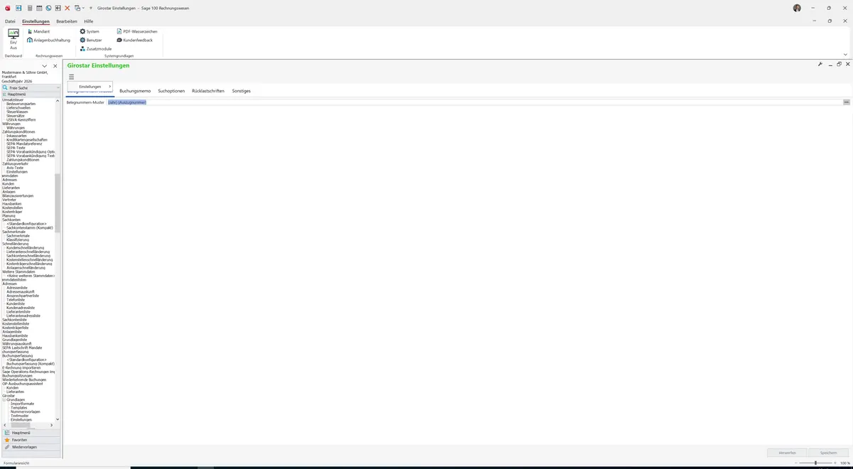 Sage 100 9.0.5.11 Girostar Einstellungen: Datenklassenmenü