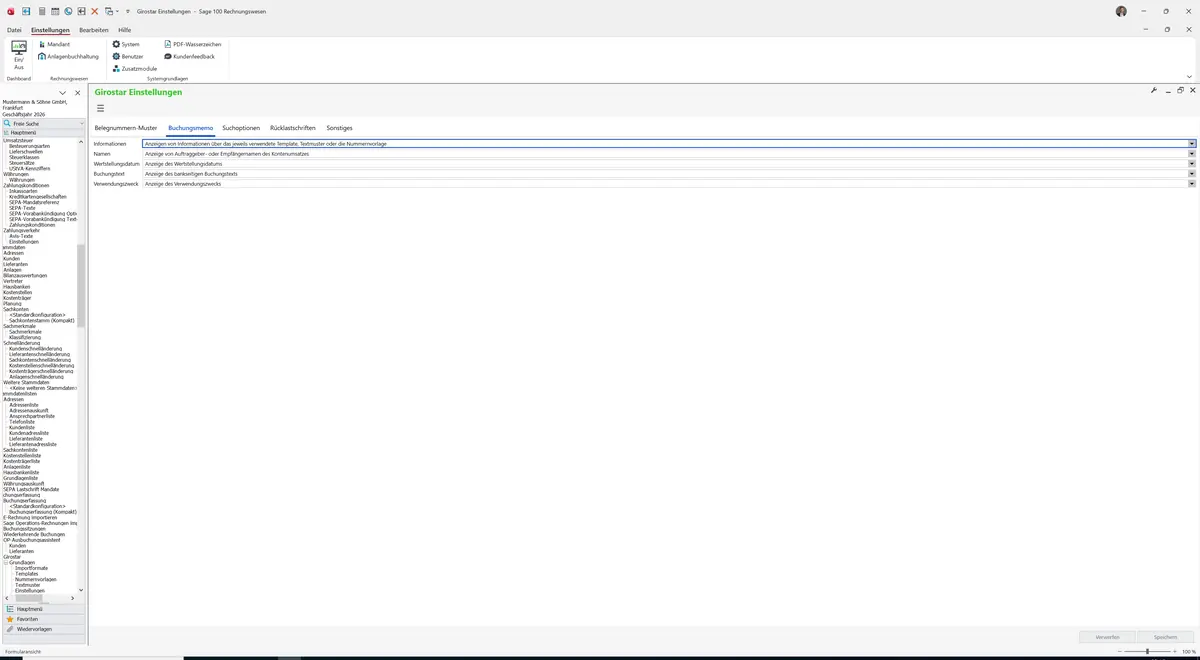 Sage 100 9.0.5.11 Girostar Einstellungen: Register Buchungsmemo