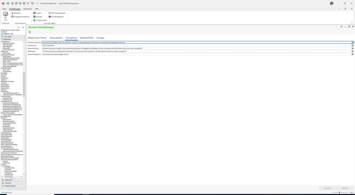 Sage 100 9.0.5.11 Girostar Einstellungen: Register Suchoptionen