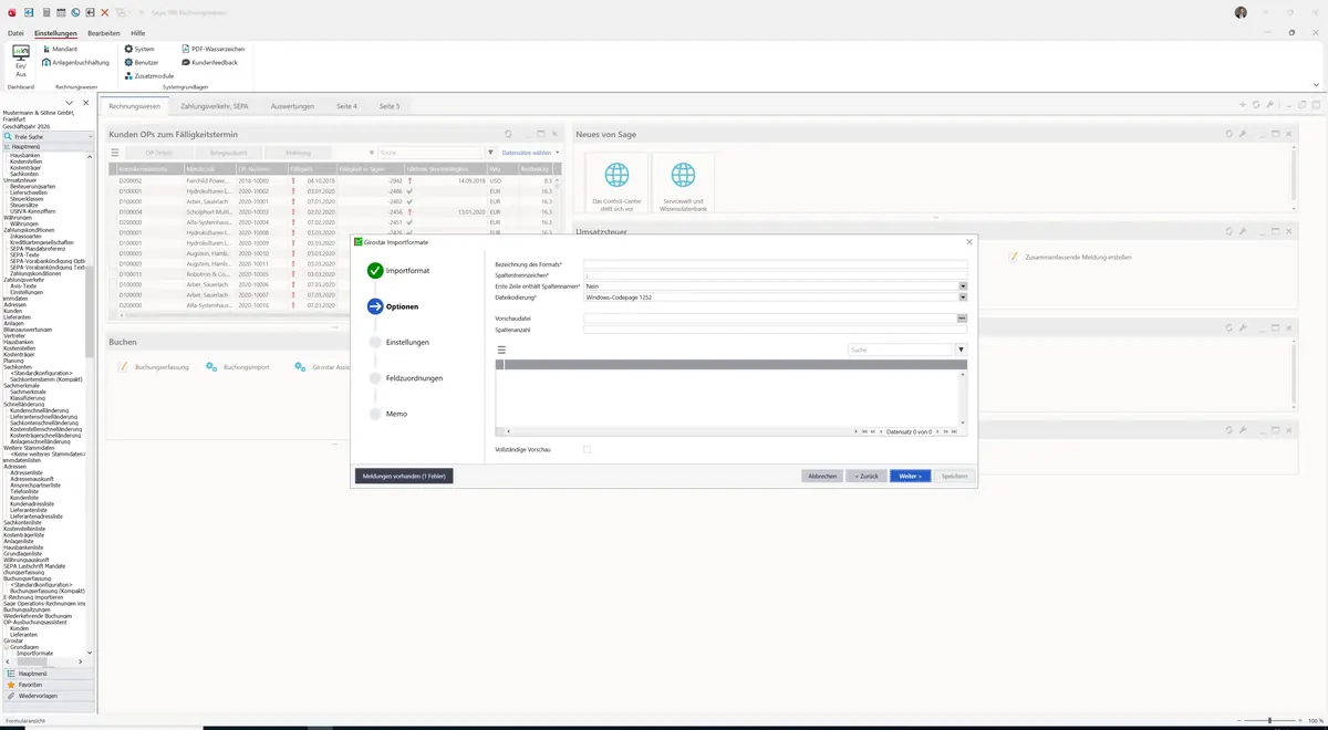 Sage 100 9.0.5.11 Girostar Importformate: Schritt Optionen mit Fehlermeldung