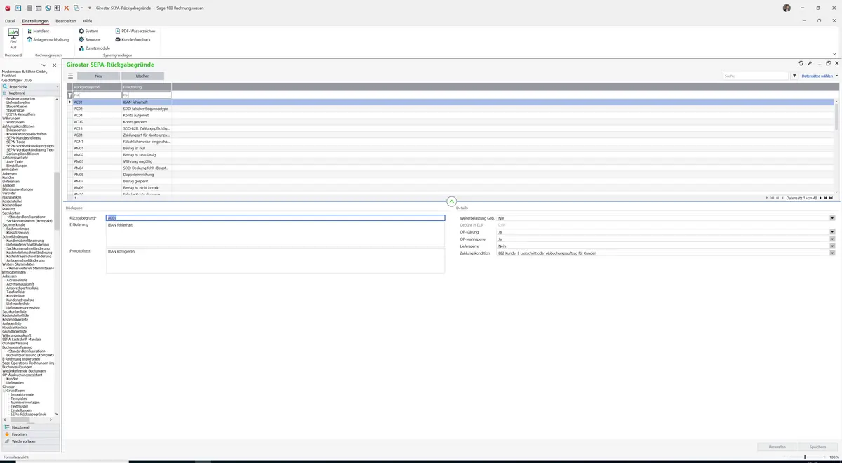 Sage 100 9.0.5.11 Girostar SEPA-Rückgabegründe: Register Standard