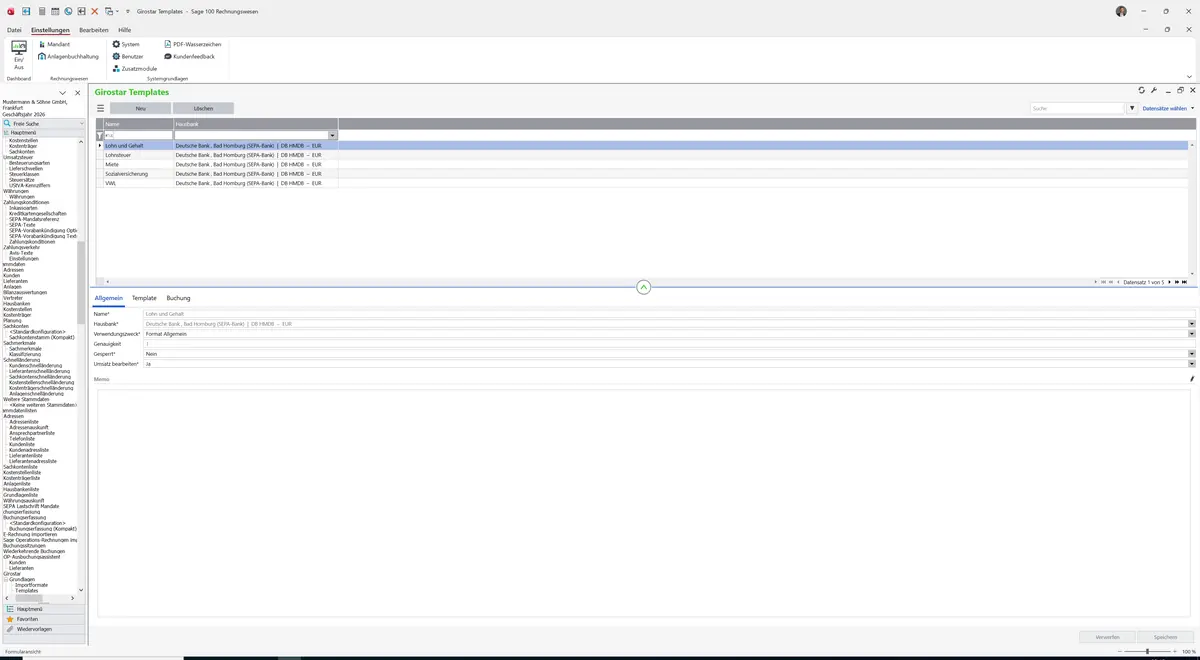 Sage 100 9.0.5.11 Girostar Templates: Datensatz geladen