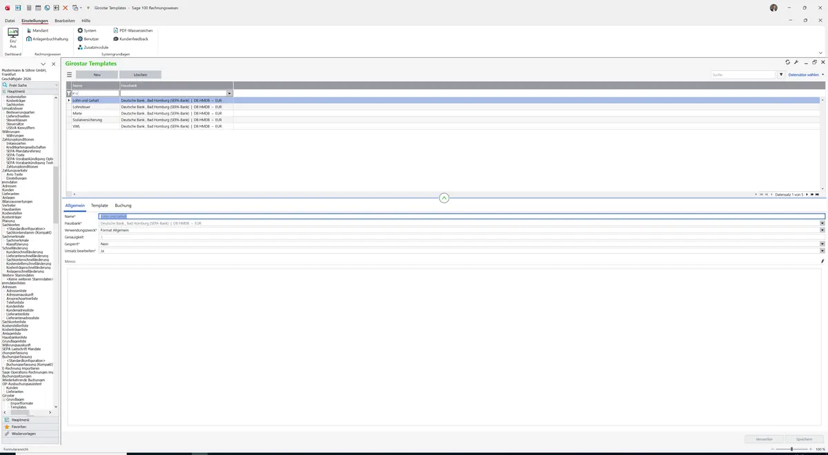 Sage 100 9.0.5.11 Girostar Templates: Register Allgemein