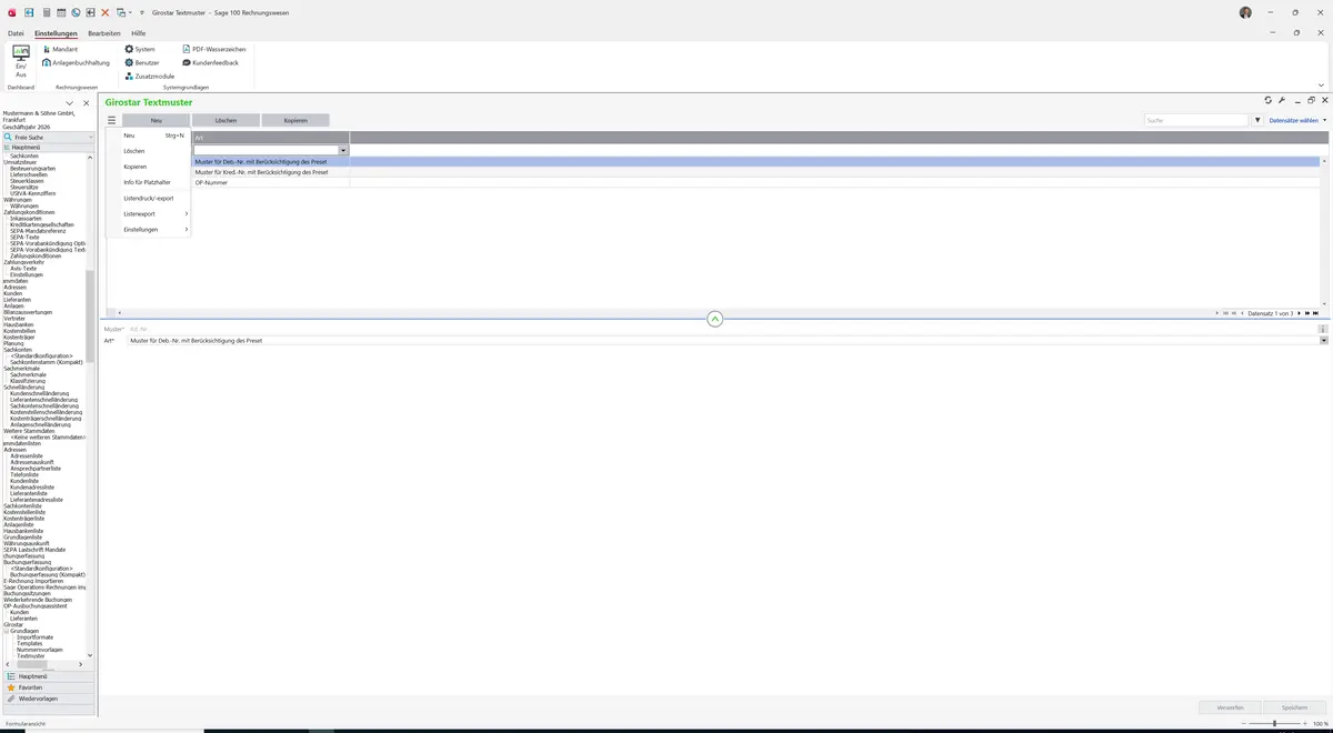 Sage 100 9.0.5.11 Girostar Textmuster: Datenklassenmenü