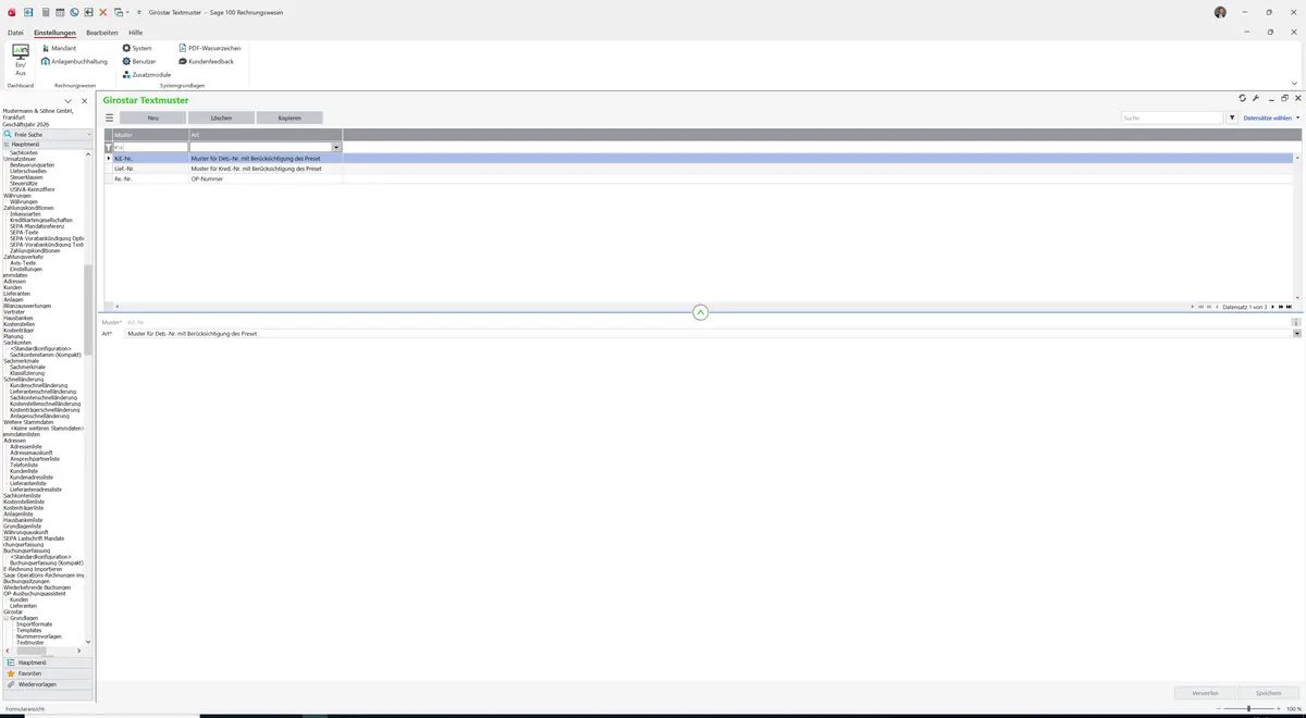 Sage 100 9.0.5.11 Girostar Textmuster: Register Textmuster