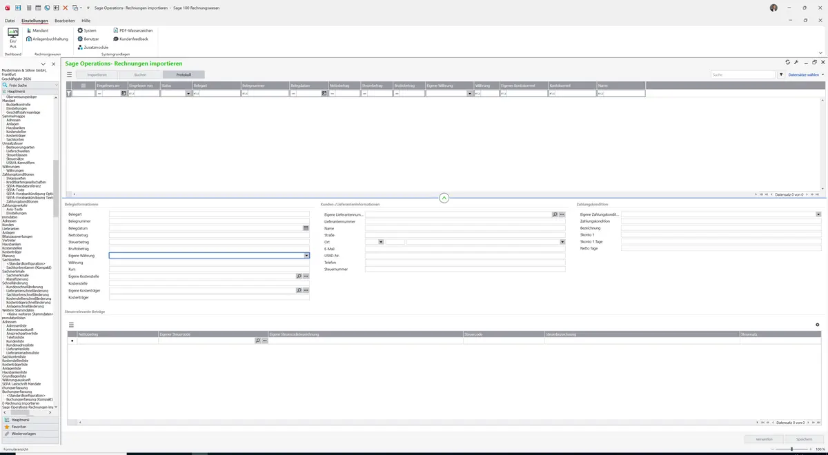 Sage 100 9.0.5.11 Sage Operations-Rechnungen importieren: Maske Sage Operations-Rechnungen importieren