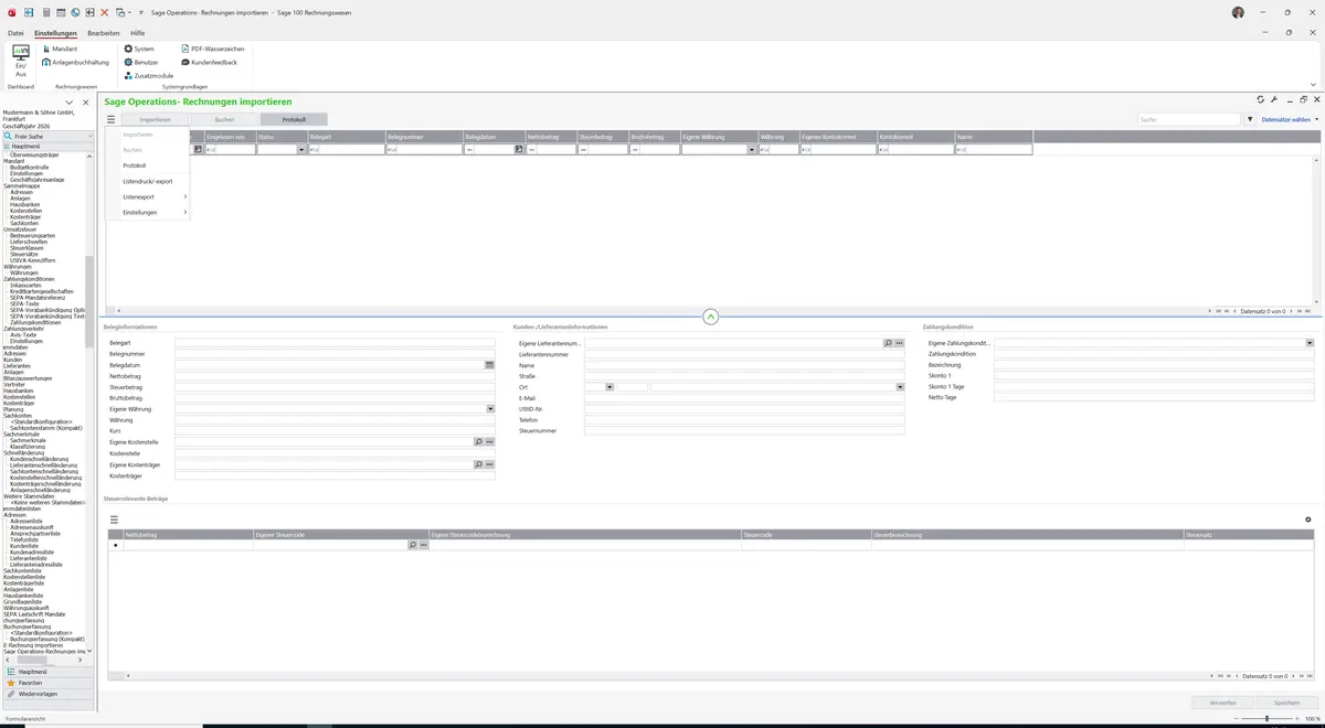 Sage 100 9.0.5.11 Sage Operations-Rechnungen importieren: Datenklassenmenü