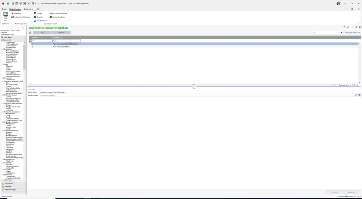 Sage 100 9.0.5.11 Auswertungspakete: Datensatz geladen