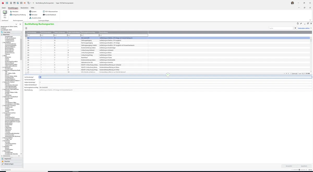 Sage 100 9.0.5.11 Buchungsarten: Register Standard