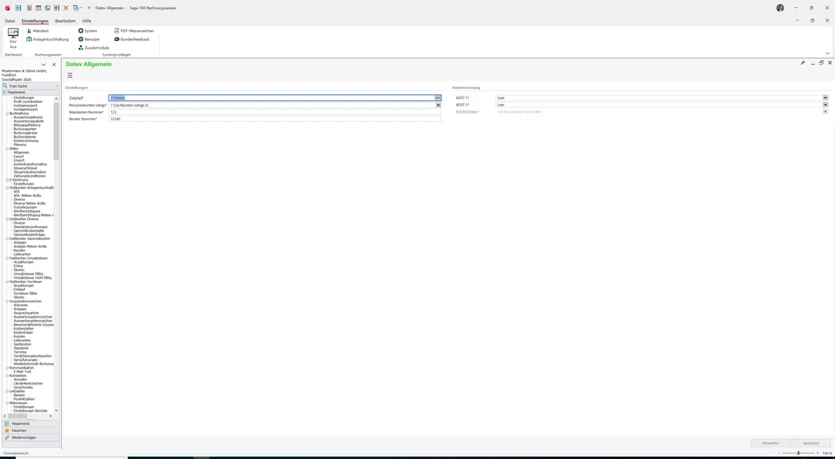 Sage 100 9.0.5.11 Datev Allgemein: Maske Datev Allgemein