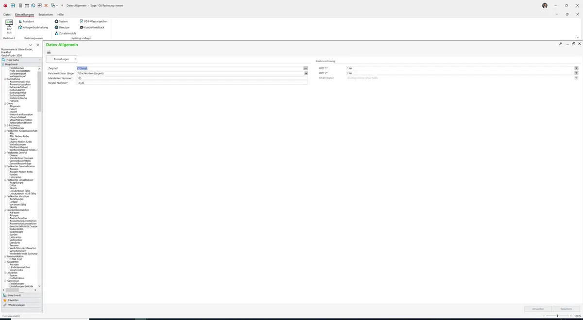 Sage 100 9.0.5.11 Datev Allgemein: Datenklassenmenü