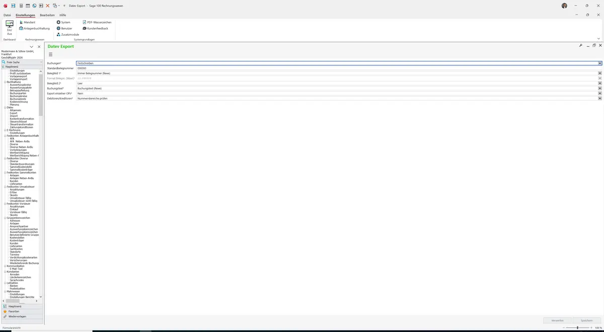 Sage 100 9.0.5.11 Datev Export: Maske Datev Export
