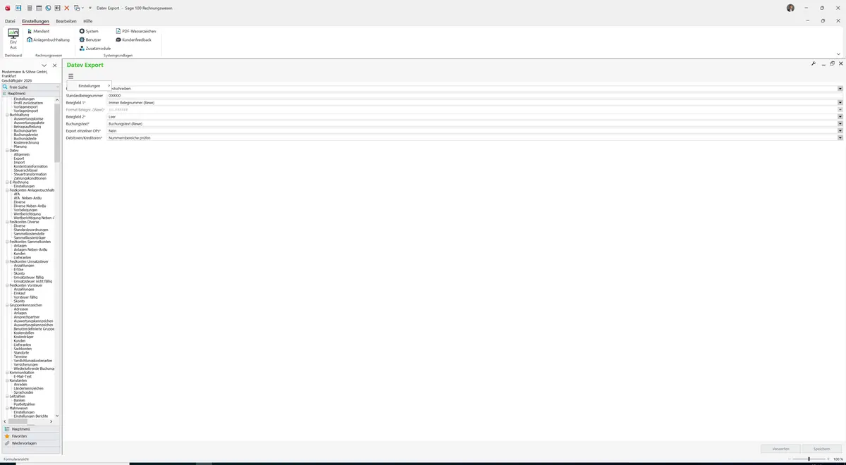 Sage 100 9.0.5.11 Datev Export: Datenklassenmenü