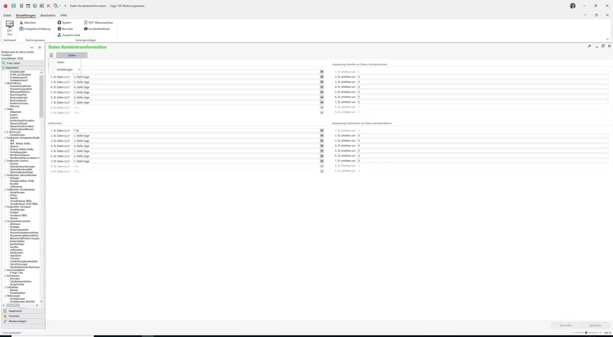 Sage 100 9.0.5.11 Datev Kontentransformation: Datenklassenmenü