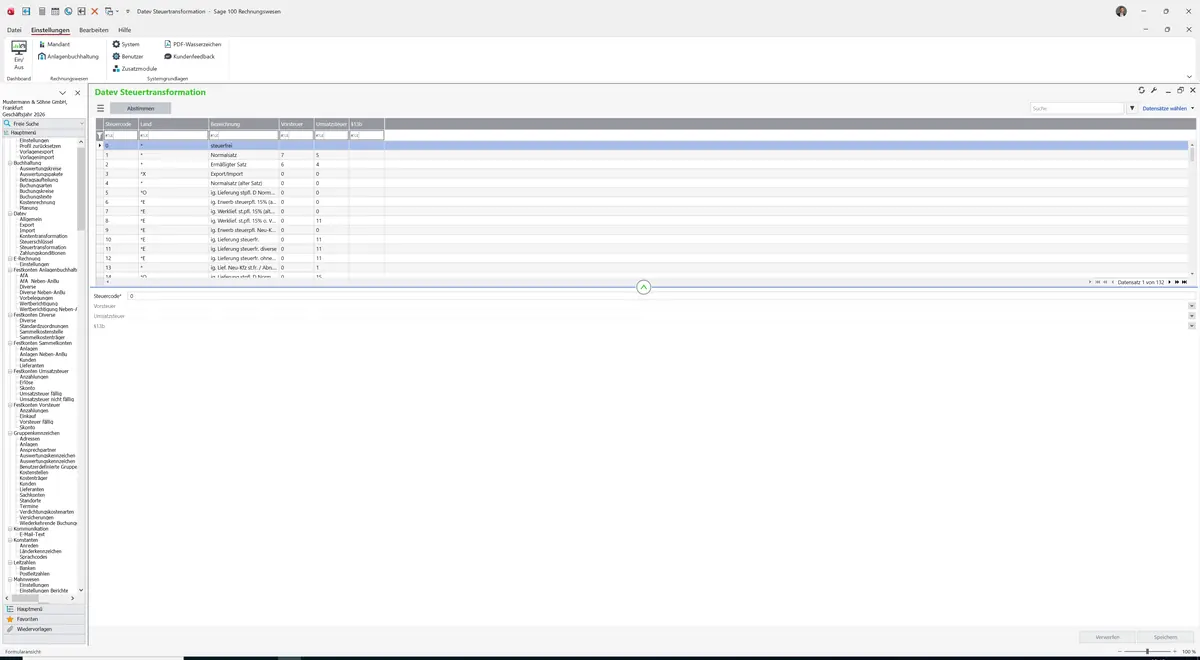 Sage 100 9.0.5.11 Datev Steuertransformation: Datensatz geladen