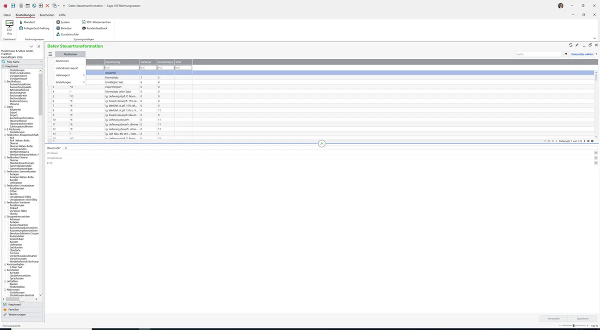 Sage 100 9.0.5.11 Datev Steuertransformation: Datenklassenmenü