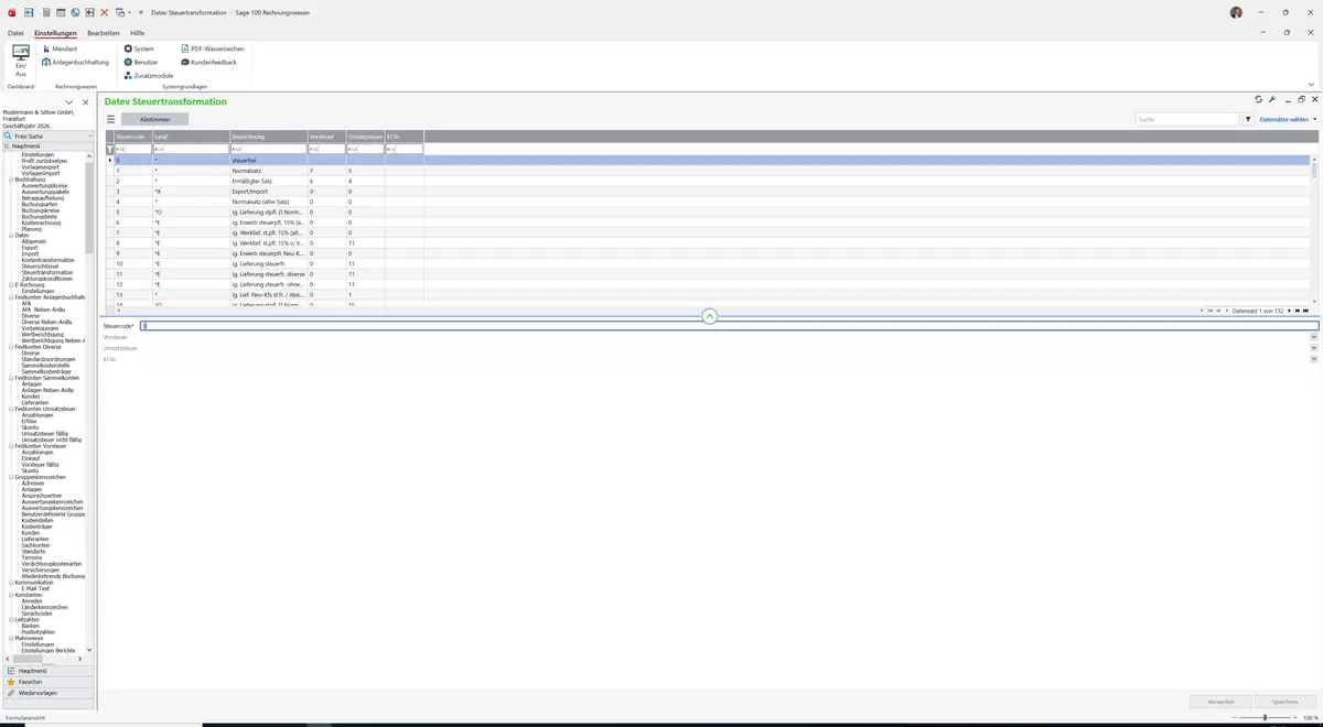 Sage 100 9.0.5.11 Datev Steuertransformation: Detailfelder Steuercode 0