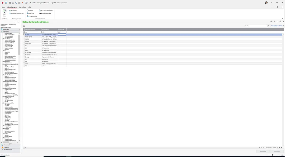 Sage 100 9.0.5.11 Datev Zahlungskonditionen: Maske Datev Zahlungskonditionen