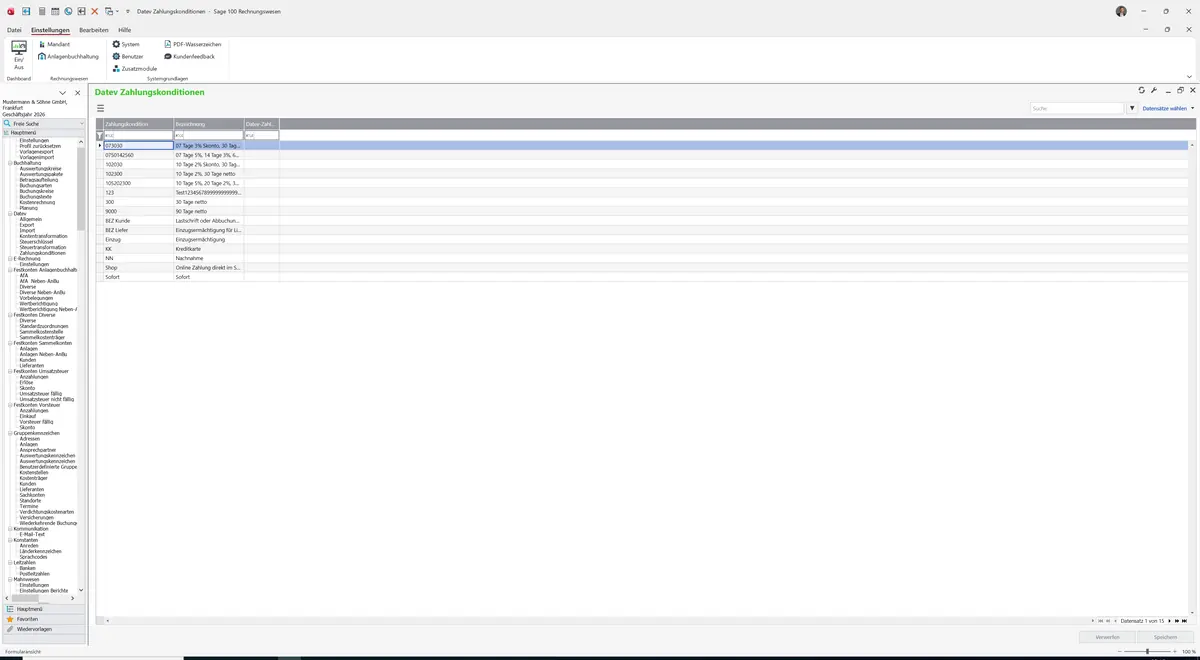 Sage 100 9.0.5.11 Datev Zahlungskonditionen: Datensatz geladen