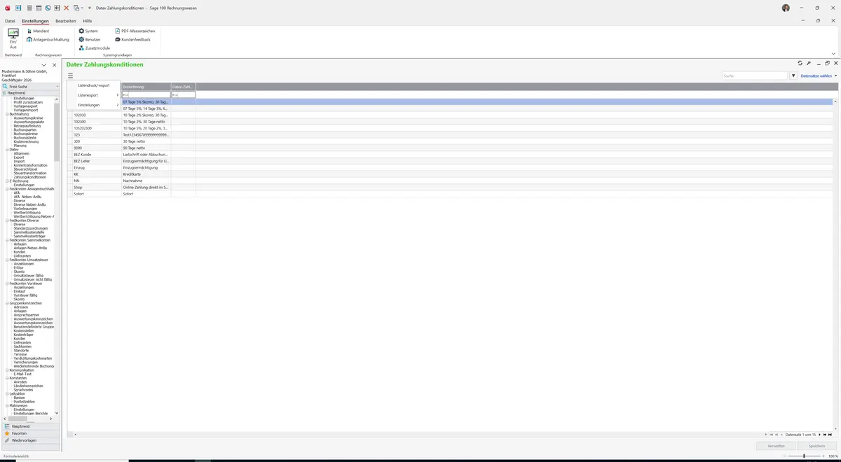 Sage 100 9.0.5.11 Datev Zahlungskonditionen: Datenklassenmenü