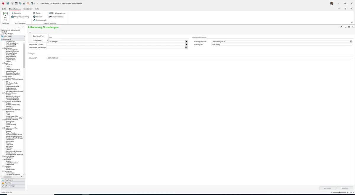 Sage 100 9.0.5.11 E-Rechnung Einstellungen: Datenklassenmenü
