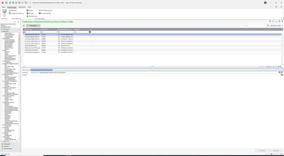 Sage 100 9.0.5.11 Festkonten Anlagenbuchhaltung Diverse Neben-AnBu: Register Standard