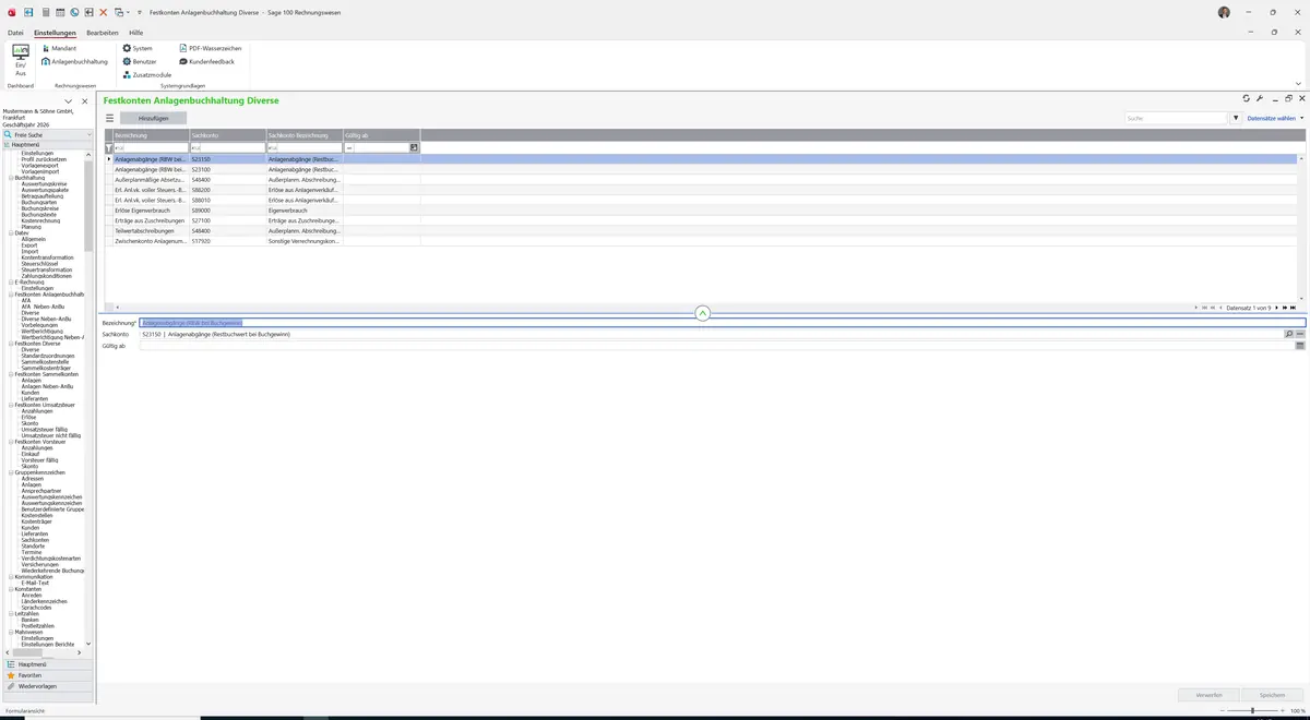 Sage 100 9.0.5.11 Festkonten Anlagenbuchhaltung Diverse: Register Standard