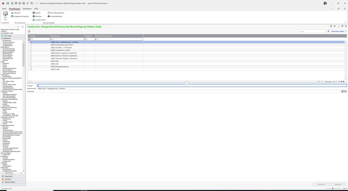 Sage 100 9.0.5.11 Festkonten Anlagenbuchhaltung Wertberichtigung Neben-AnBu: Register Standard
