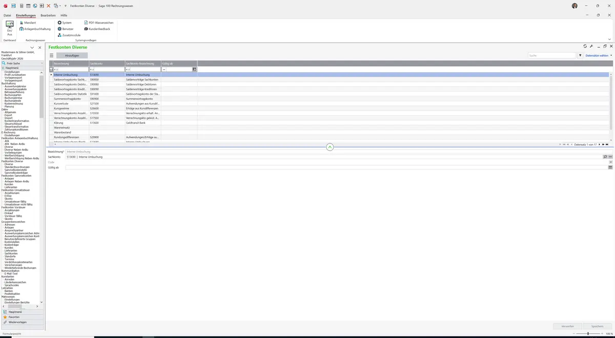 Sage 100 9.0.5.11 Festkonten Diverse: Datensatz geladen
