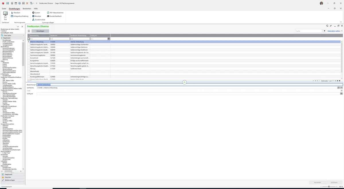 Sage 100 9.0.5.11 Festkonten Diverse: Register Standard