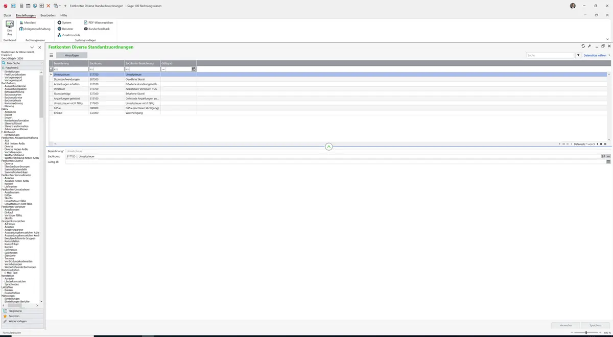Sage 100 9.0.5.11 Festkonten Diverse Standardzuordnungen: Datensatz geladen