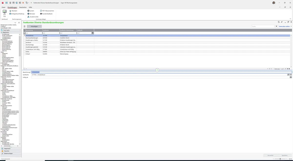 Sage 100 9.0.5.11 Festkonten Diverse Standardzuordnungen: Register Standard