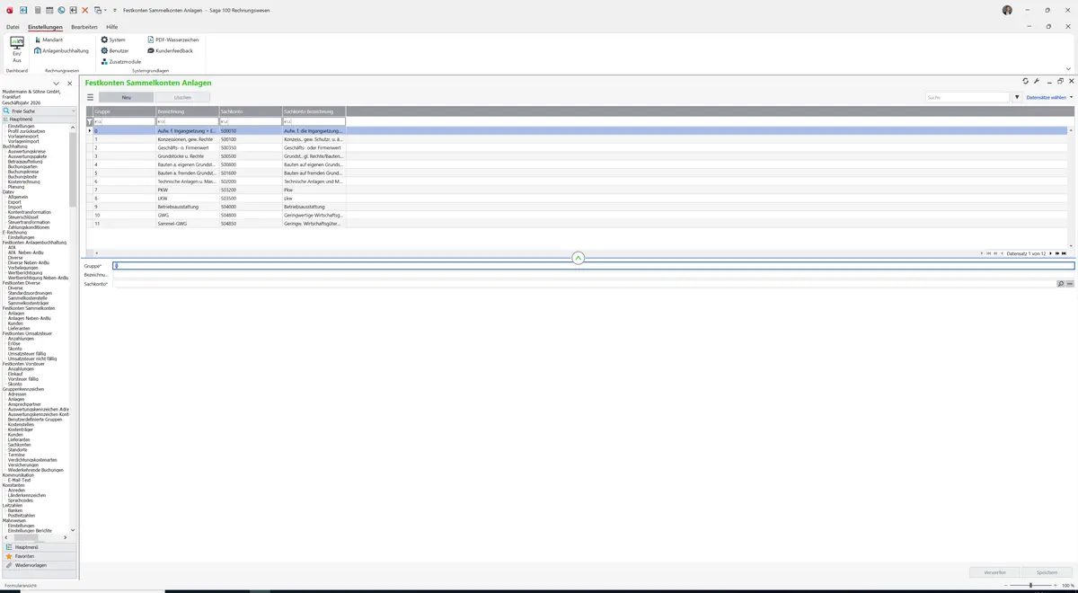 Sage 100 9.0.5.11 Festkonten Sammelkonten Anlagen: Register Standard