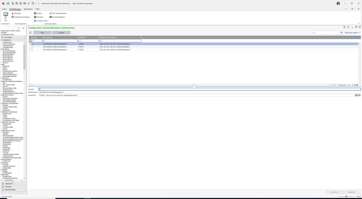 Sage 100 9.0.5.11 Festkonten Sammelkonten Lieferanten: Register Standard