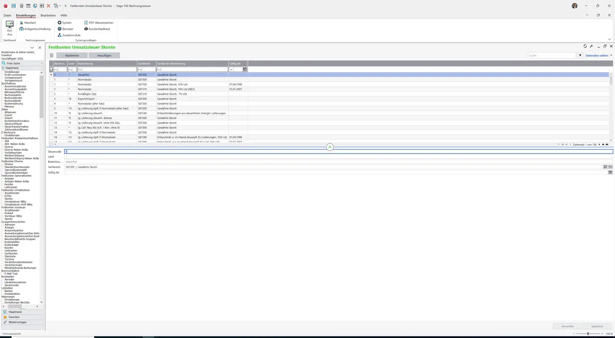 Sage 100 9.0.5.11 Festkonten Umsatzsteuer Skonto: Register Standard