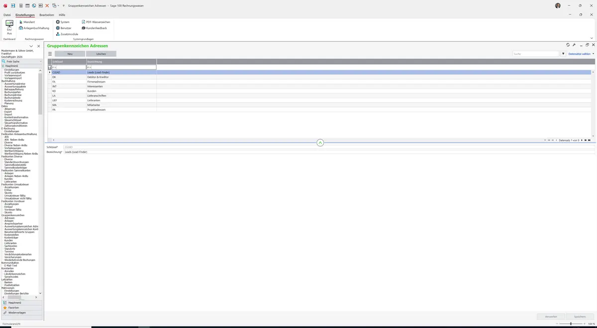 Sage 100 9.0.5.11 Gruppenkennzeichen Adressen: Datensatz geladen